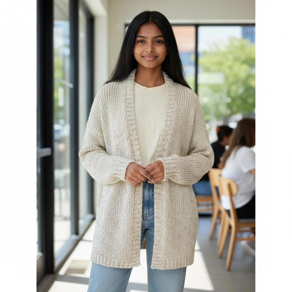 Suncoo White Gold Sparkle Open Knit Cardigan Sweater T1 (S) Boho Chic Cozy
